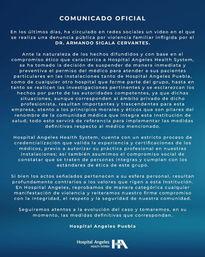 Hospital Ángeles comunicado doctor Armando Sigala