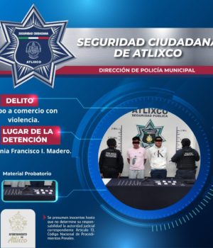 Detienen a dos hombres por asalto a negocio en Atlixco; intentaron huir en vehículo