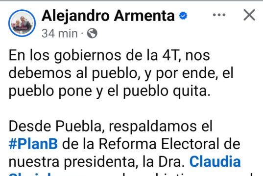 Armenta respalda Plan B de reforma electoral de Sheinbaum