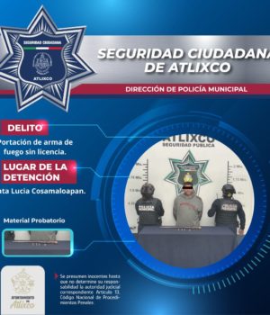 Patrullaje en Atlixco deriva en detención por portación ilegal de arma de fuego