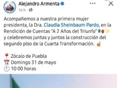 Armenta invita a seguir rendición de cuentas de Sheinbaum en el Zócalo de Puebla
