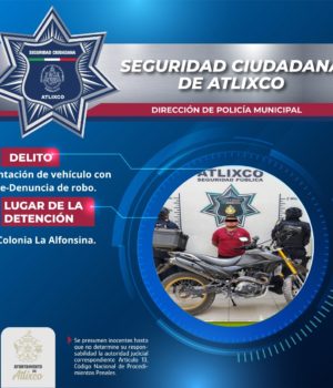 Policía de Atlixco recupera motocicleta con reporte de robo en El Barreal