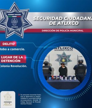 Detiene Policía Municipal de Atlixco a hombre por robo en comercio