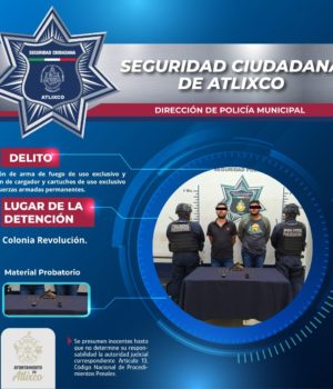 Policías de Atlixco detienen a dos; portaban arma y cartuchos