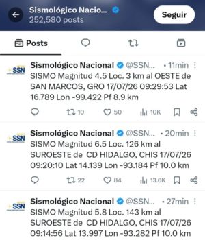 Se registran serie de sismos en Chiapas, Guerrero y Oaxaca, el más fuerte de 7.4 grados sin daños hasta el momento