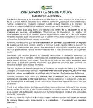 Veinte Vecinos de la Reserva no quieren la Universidad en Cuautlancingo